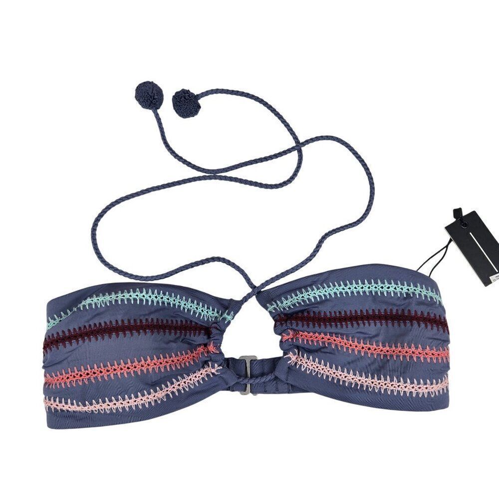 New Dolce Vita Striped Bandeau Bikini Top Tassel Ties & Back Clasp Womens Size X